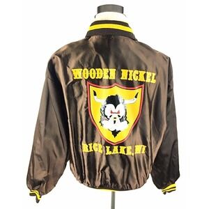 DeLong‎ Sportswear Vtg Satin 80s Jacket XL Brown WI Tavern Bar Bull Logo